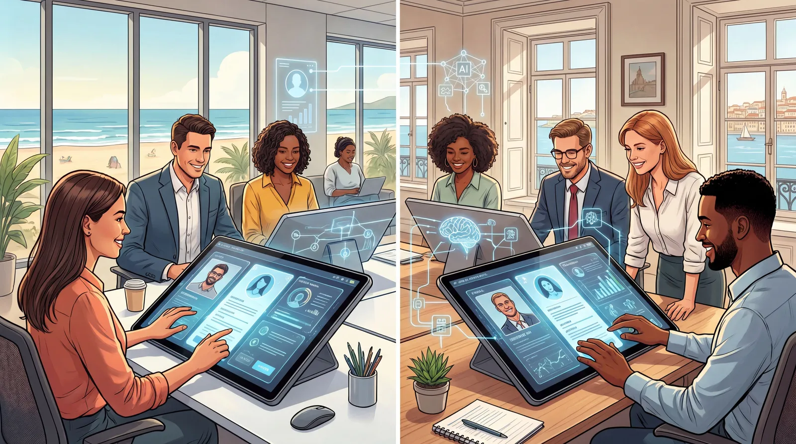 Profissionais analisando perfis digitais com apoio de IA em ambiente de trabalho moderno