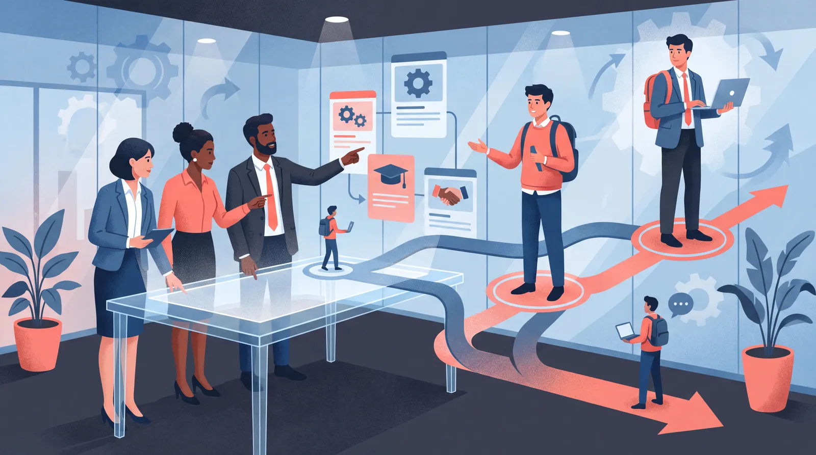 Hiring team reviewing a fast-moving job pipeline with several career transitions