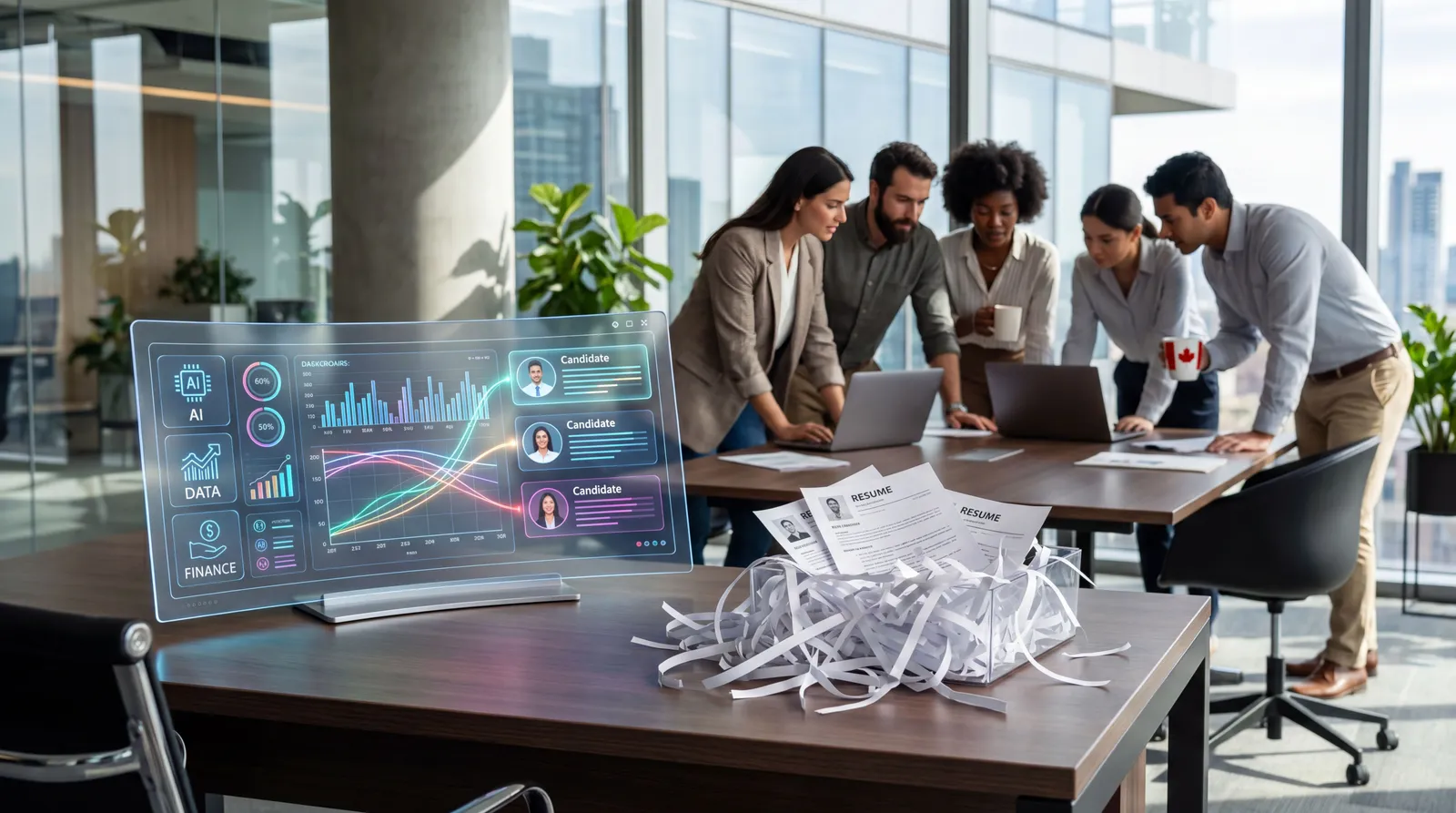 Futuristic hiring dashboard beside a paper resume as AI and data skills reshape finance hiring