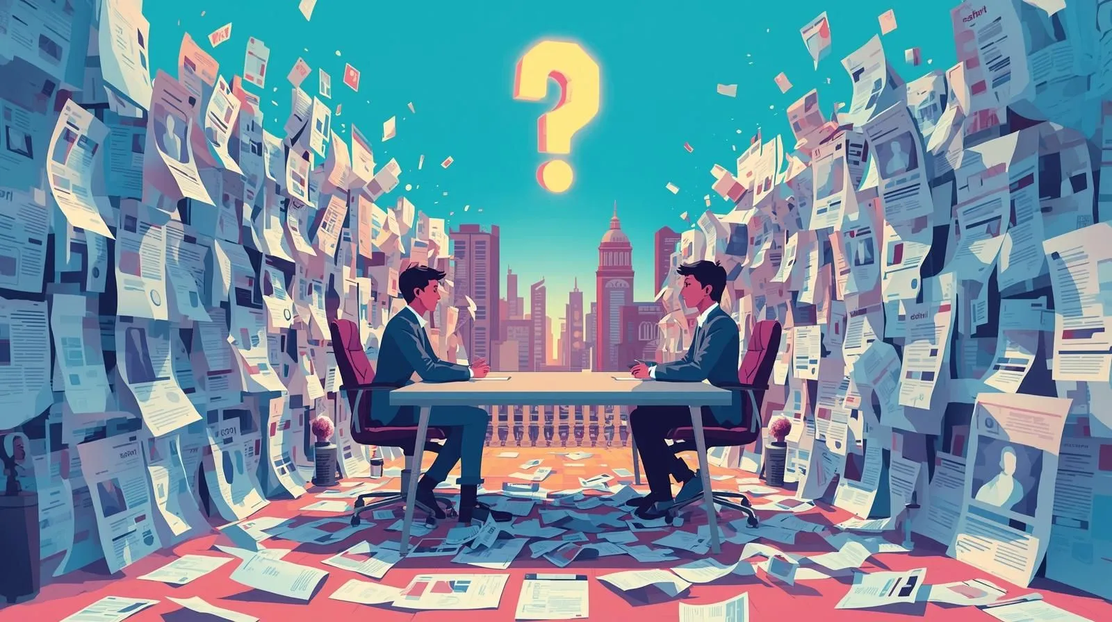Ilustración surreal de una entrevista en Buenos Aires con CVs de papel convirtiéndose en píxeles y un signo de pregunta brillante