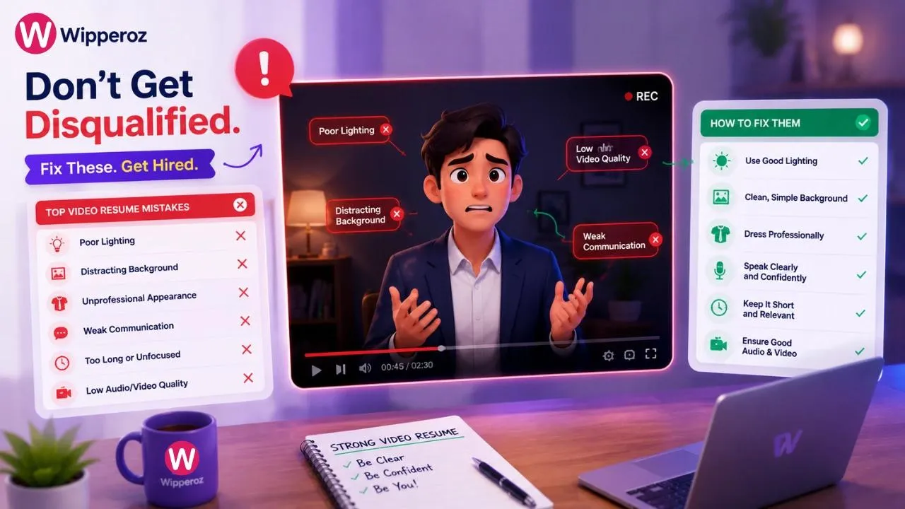 A young male animated character sharing views about Video Resume Mistakes That Instantly Disqualify You and how to fix them with Wipperoz