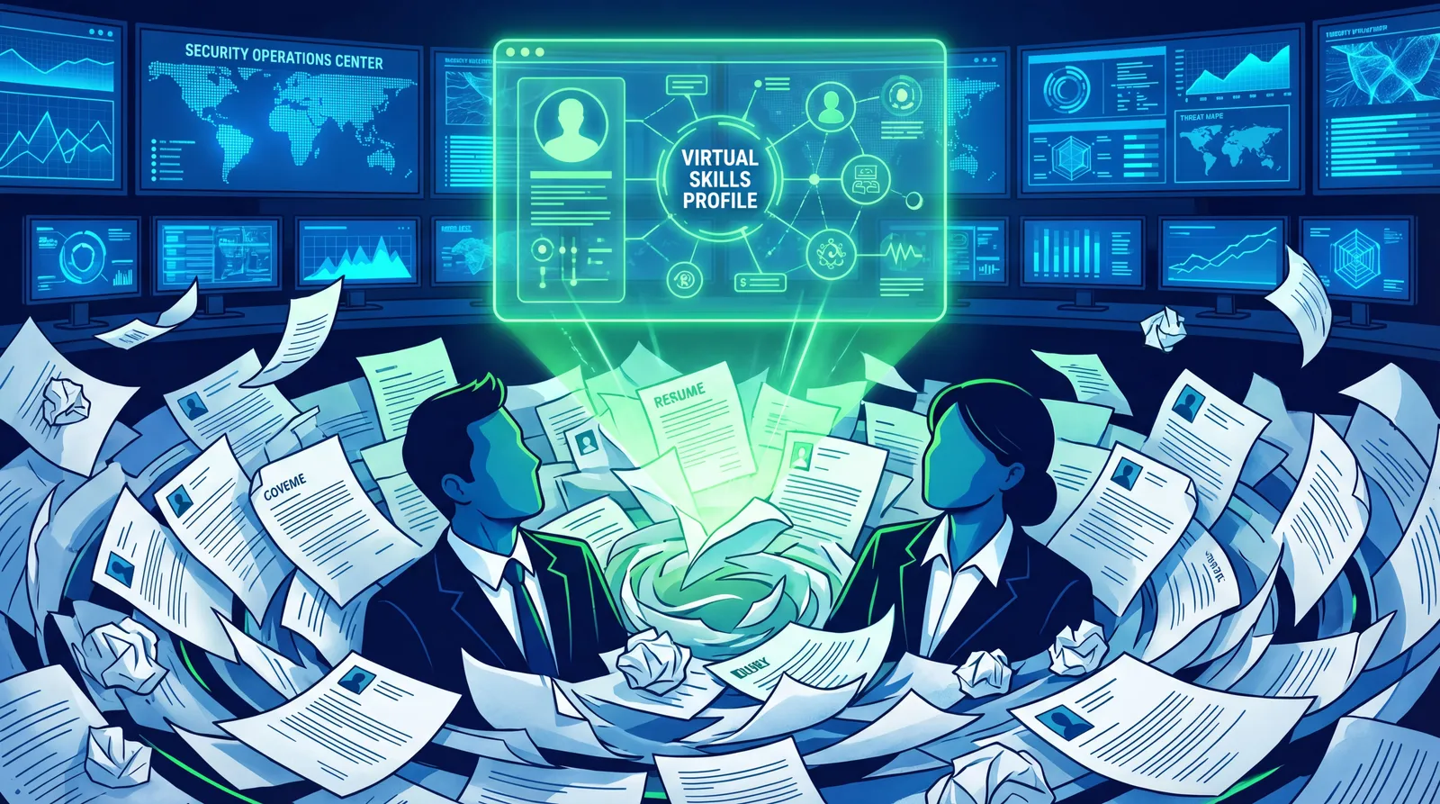 Recruiters facing a cybersecurity talent shortage with digital profiles replacing paper resumes