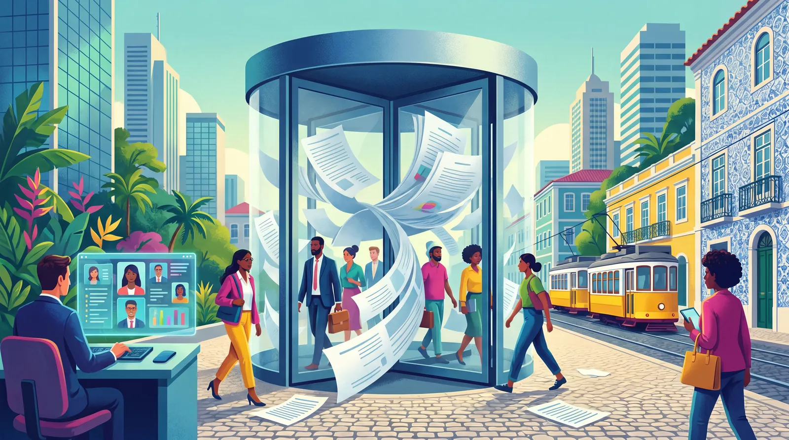 Porta giratória de currículos simbolizando alta rotatividade no mercado de trabalho