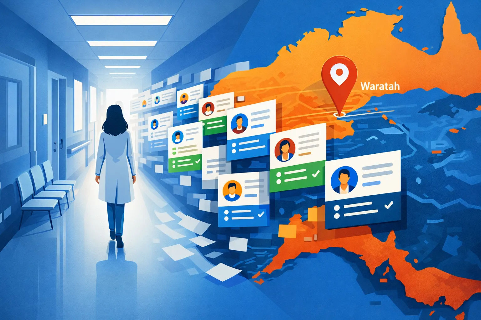 Surreal illustration of a hospital hallway blending into a digital hiring dashboard with a map pin on Waratah