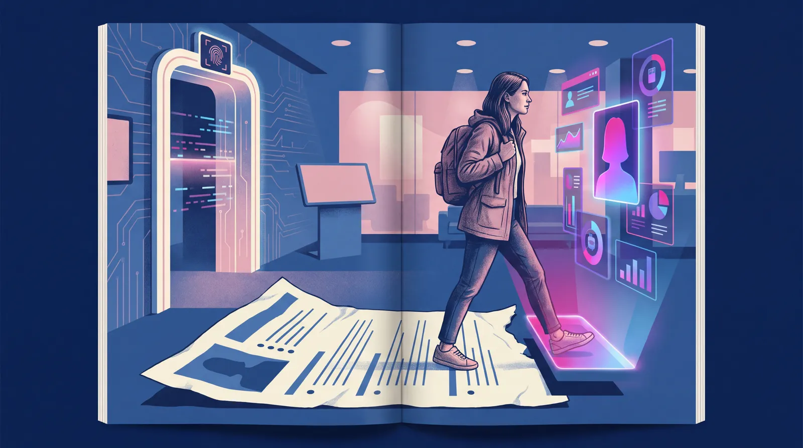 Job seeker stepping from a paper resume into an interactive digital profile