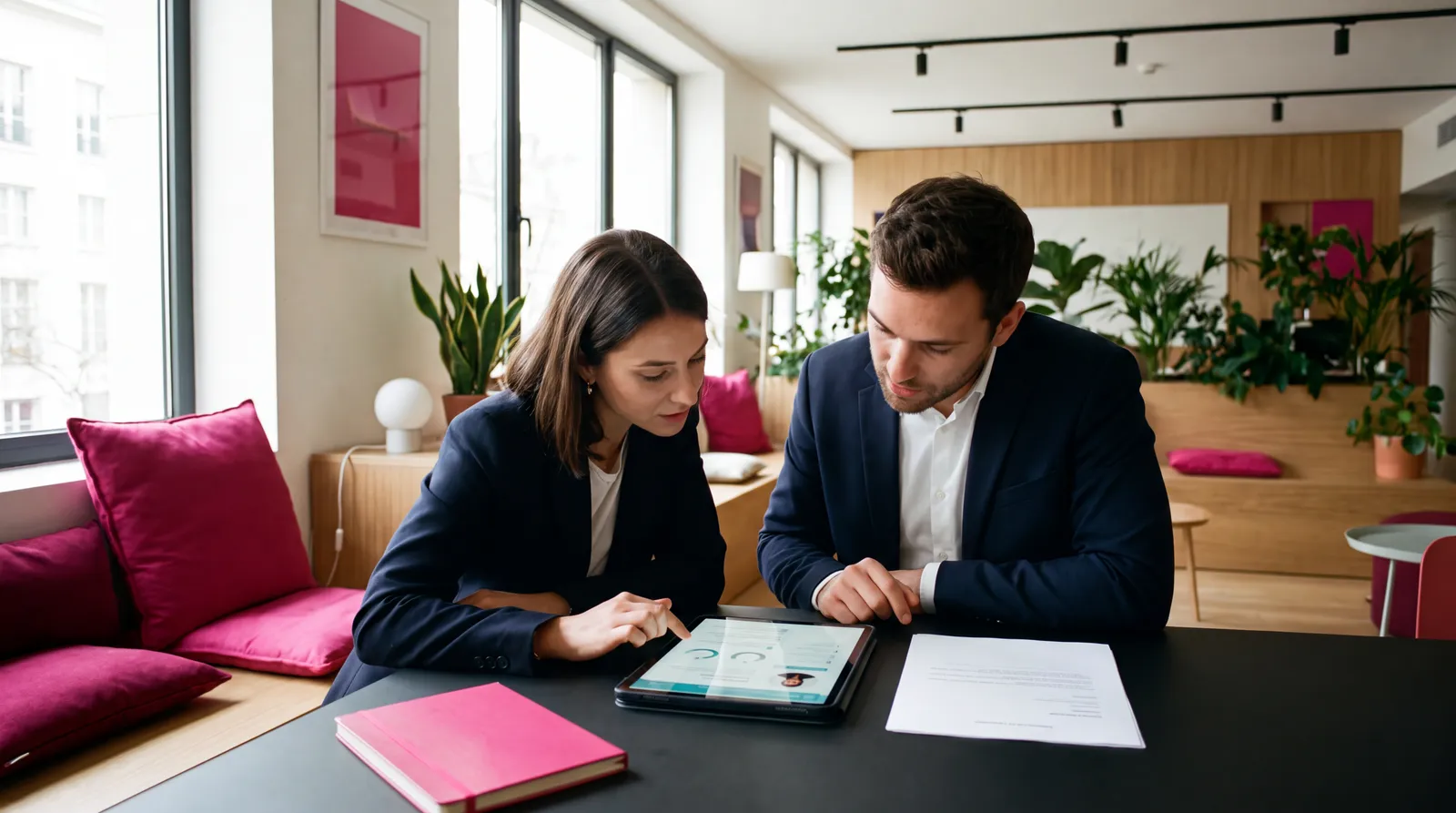 Une candidate présente ses compétences à un recruteur à l’aide d’un profil numérique.