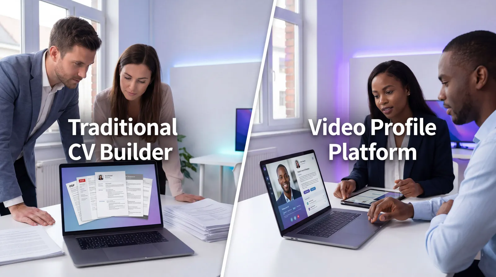 Candidatos comparando criadores de currículo com PDFs e um CV virtual em vídeo