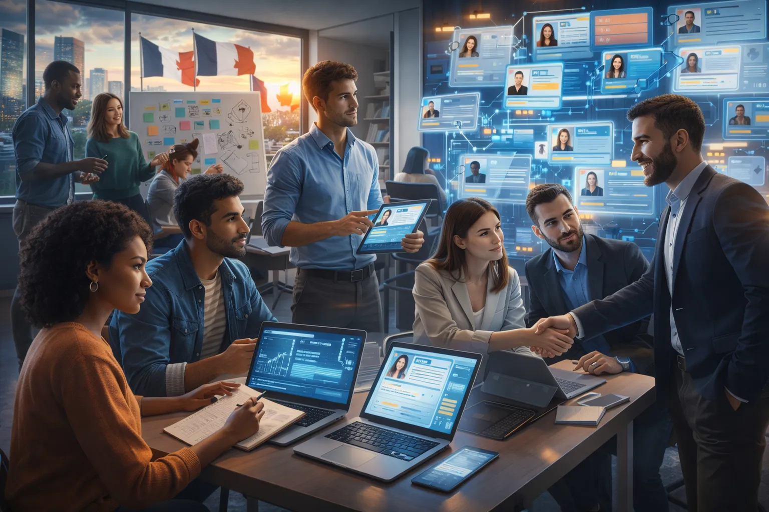 Jeunes talents en apprentissage et recruteurs dans un environnement de travail moderne