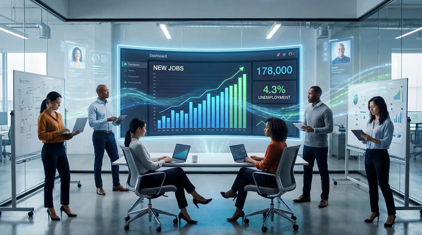 Digital hiring dashboard with rising job numbers and recruiters reviewing candidate profiles