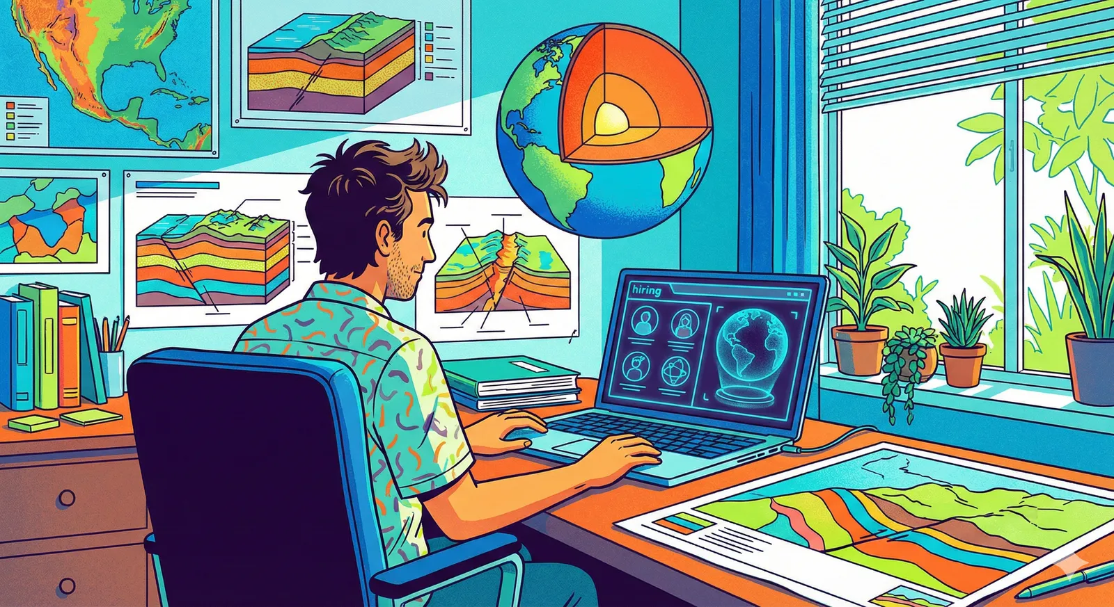 Professor de Ciências da Terra trabalhando remotamente com mapas geológicos e laptop
