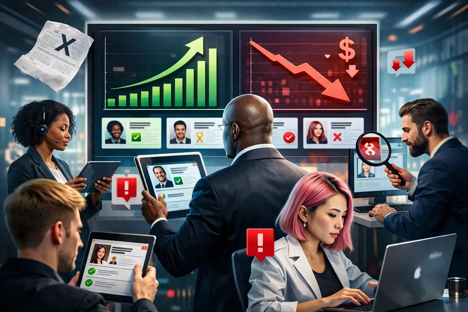 Digital hiring dashboard showing rising jobs and softer salary signals with recruiters and job seekers