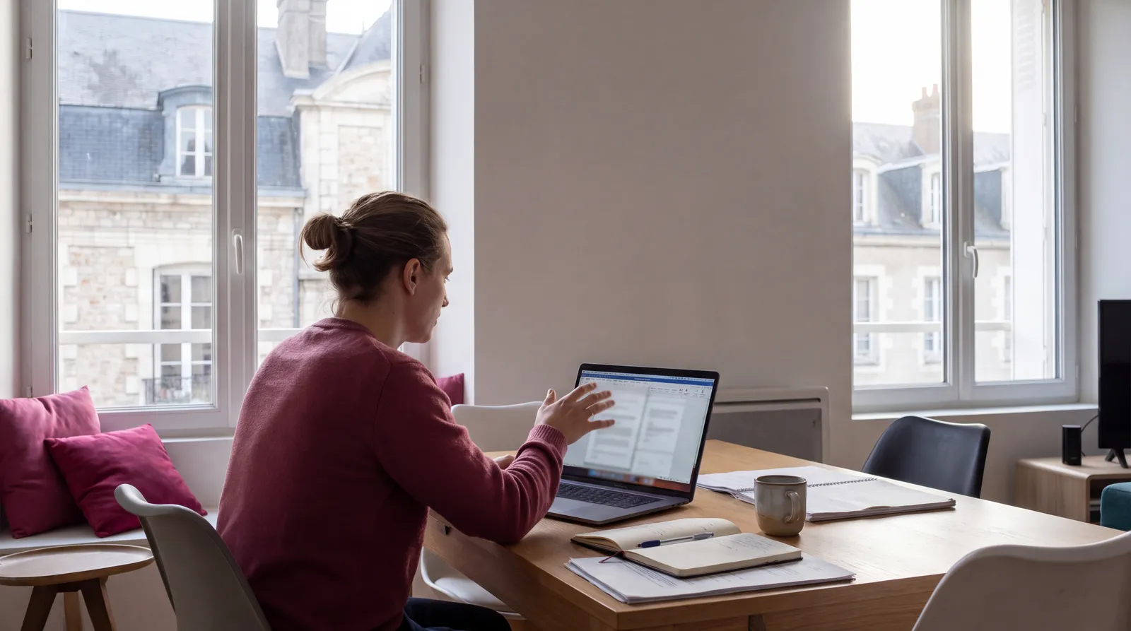 Une personne prépare sa candidature sur ordinateur dans un appartement à Tours.