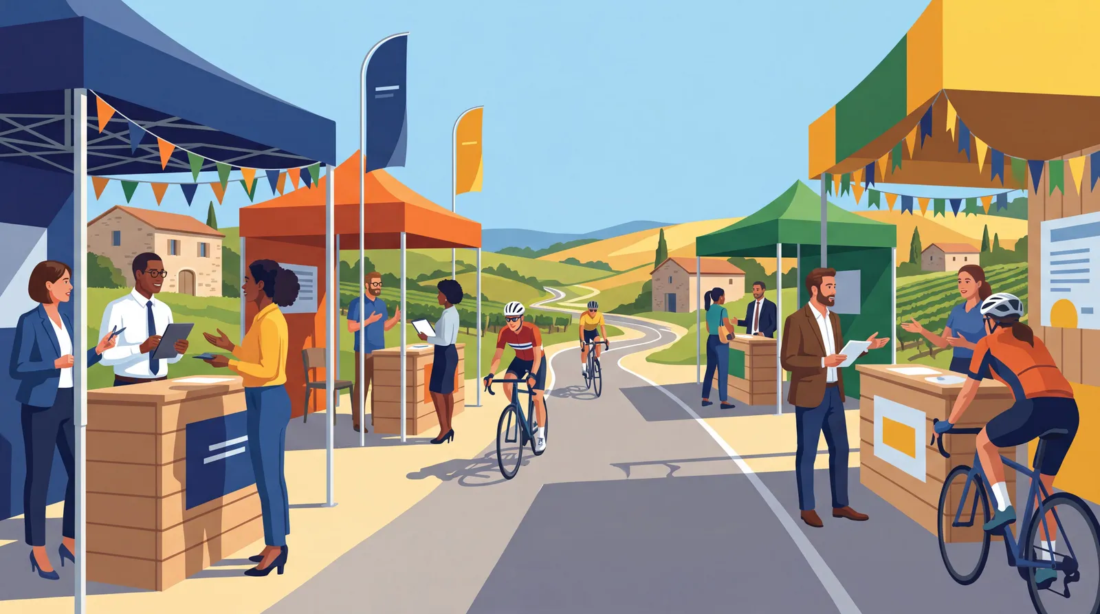 Village emploi près d’une route cycliste avec candidats et recruteurs