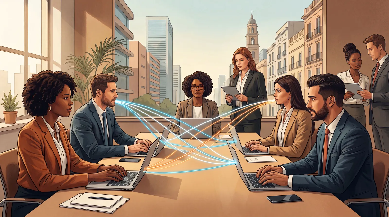 Mesa laboral moderna con candidatos y reclutadores conectados digitalmente