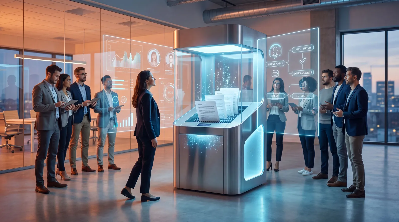 Recruiters and job seekers watching an AI hiring dashboard replace paper resumes