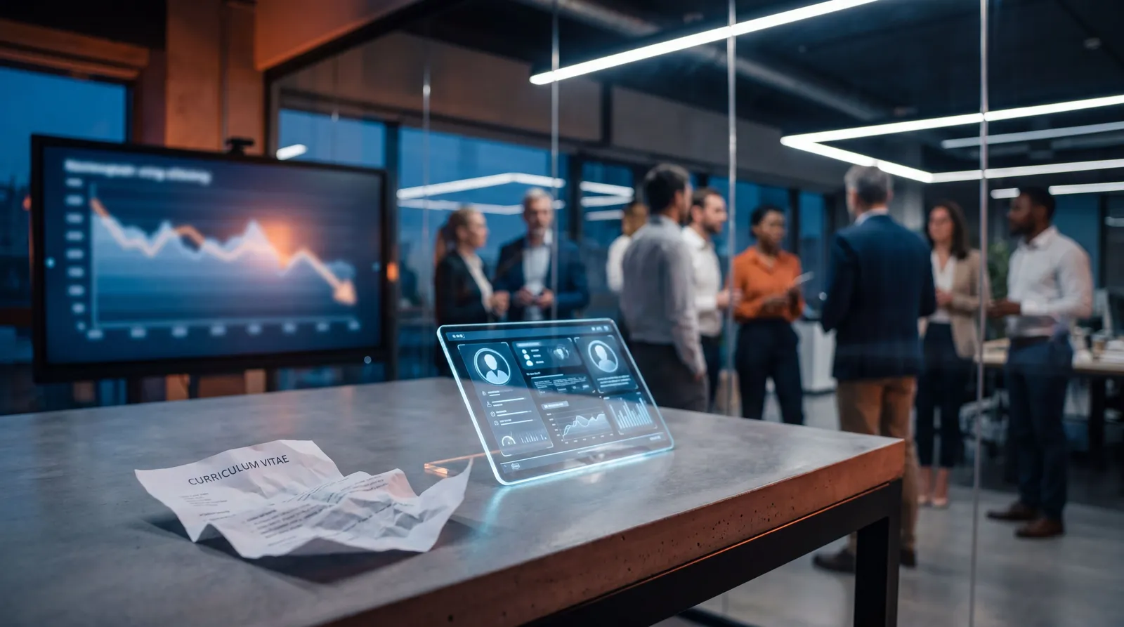 Digital CV dashboard replacing a crumpled paper resume as job vacancy charts fall