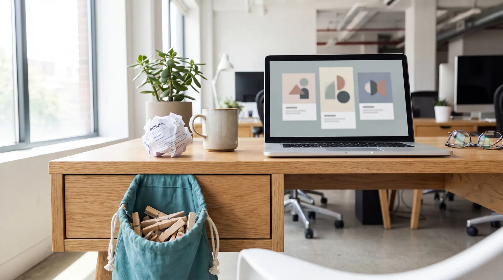 Recruiter desk with digital candidate profiles and a teal peg bag metaphor