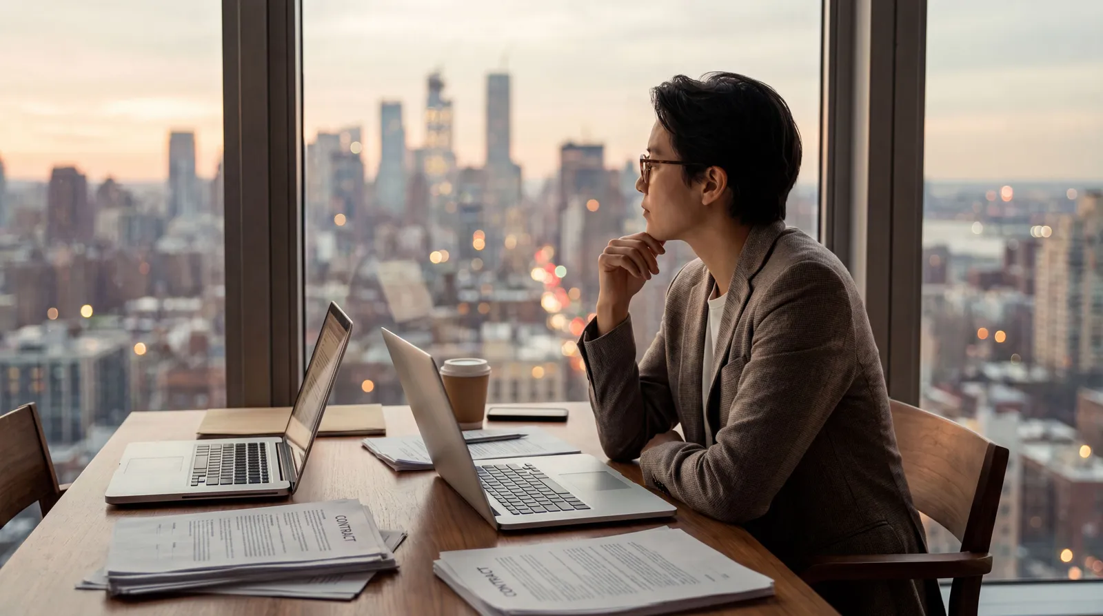 Persona trabajando en dos empleos con contratos sobre una mesa