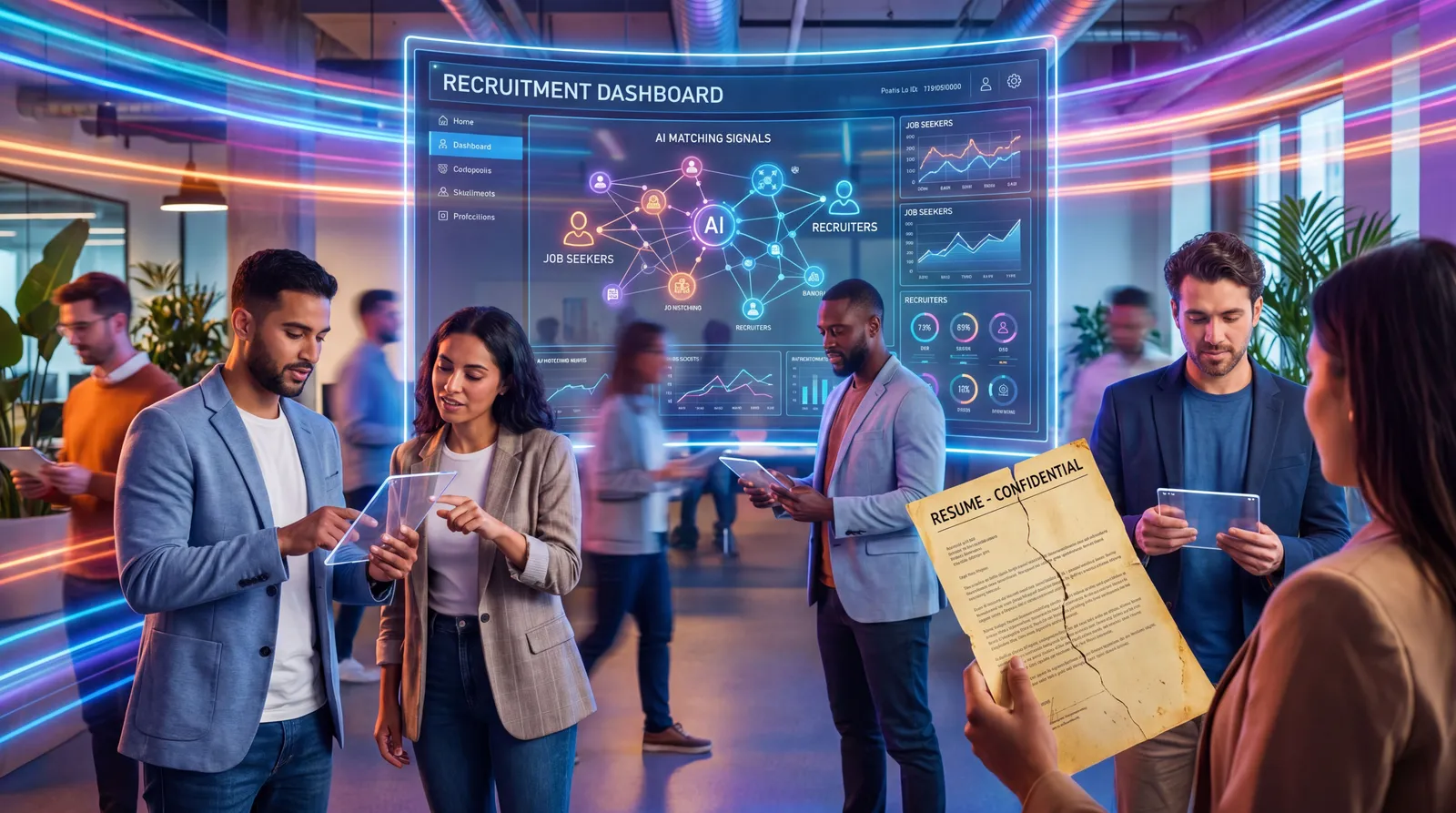 Recruiter and job seeker using an AI hiring dashboard beside a cracked PDF resume