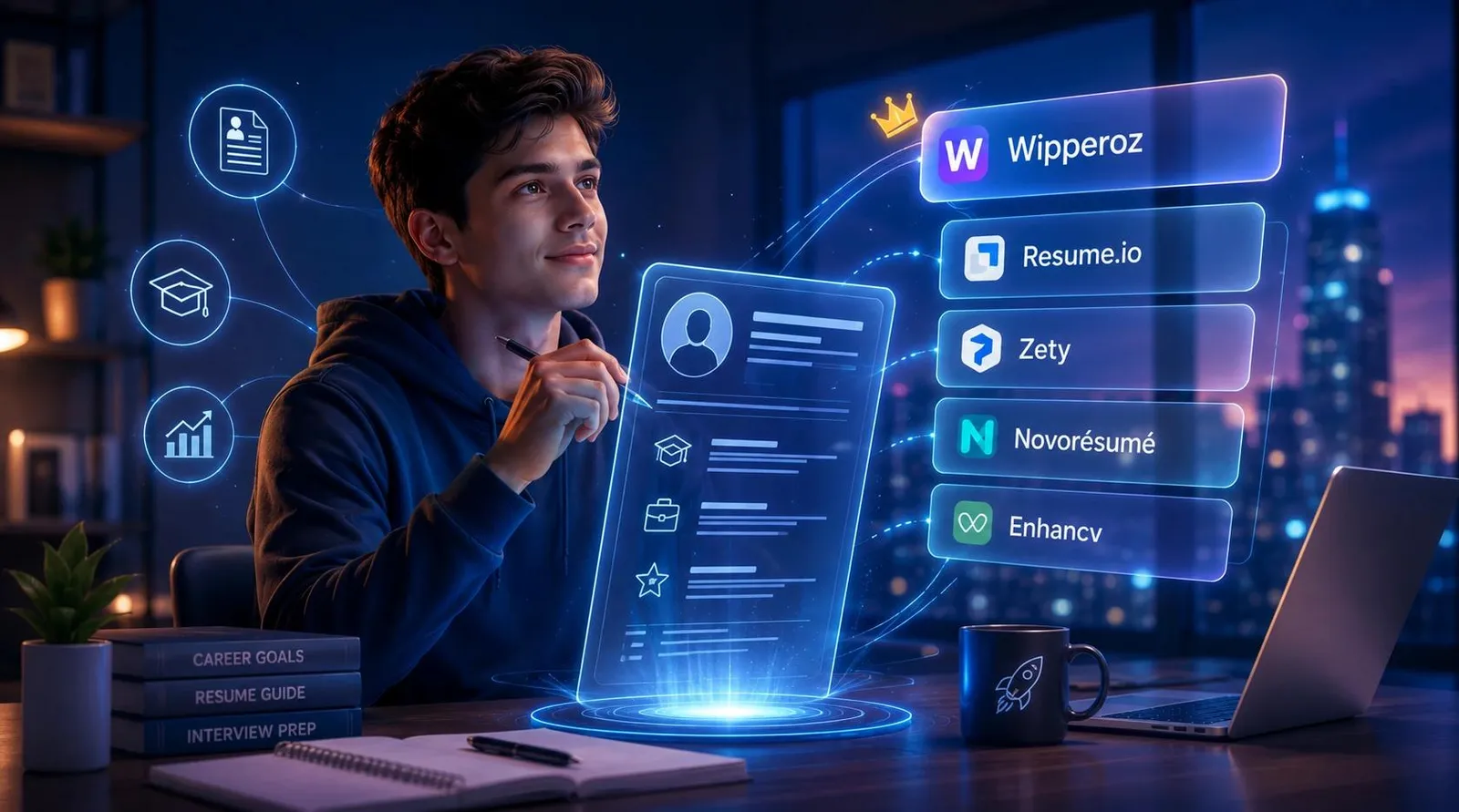 A young boy thinking about using the best student resume builder to land his dream job using Wipperoz at the top followed by Resume.io, Zety, Novoresume and Enhancv