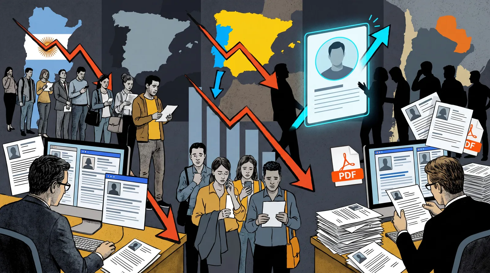 Gráfico del mercado laboral con candidatos y reclutadores pasando del CV en PDF a perfiles digitales