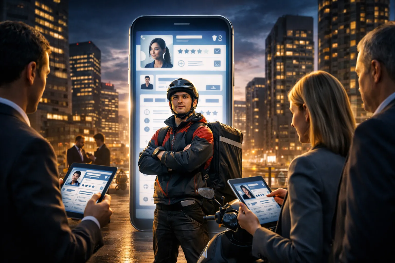 App-based worker and recruiters looking at digital profiles instead of paper resumes