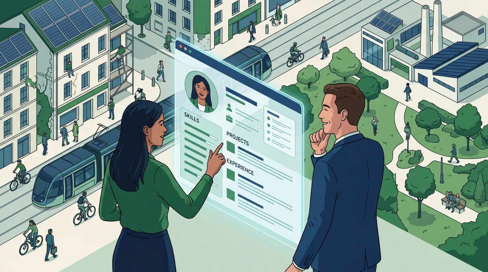 Candidate présentant ses compétences vertes à un recruteur sur un profil numérique