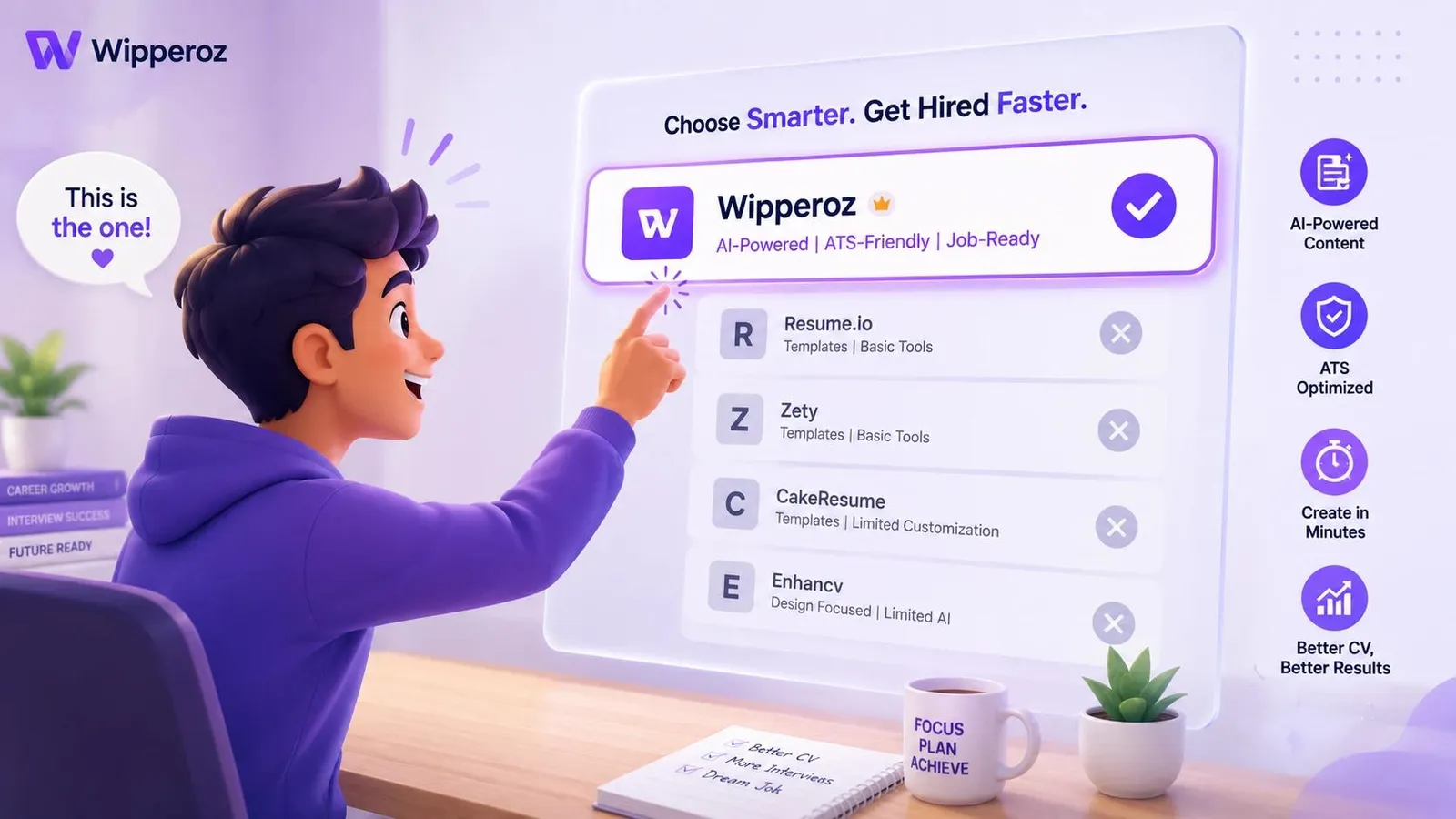 A young man clicking on Wipperoz amongst the list of Best AI CV builders online while wearing a purple hoodie and the title says 'Choose Smarter. Get Hired Faster'