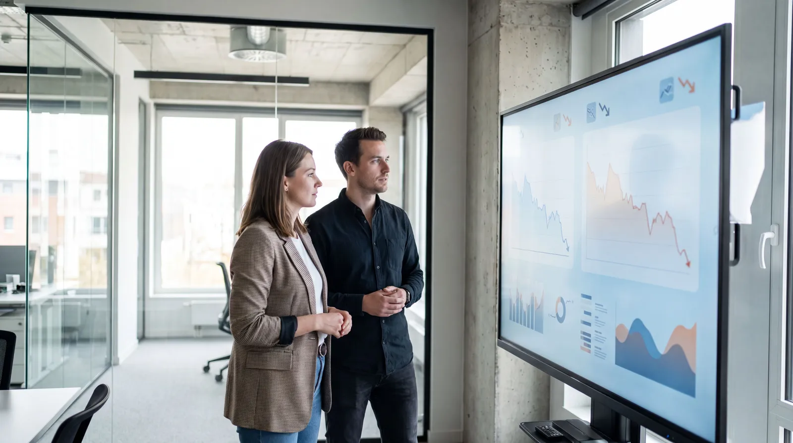Candidato e recrutadora analisam vagas de emprego em queda num painel digital