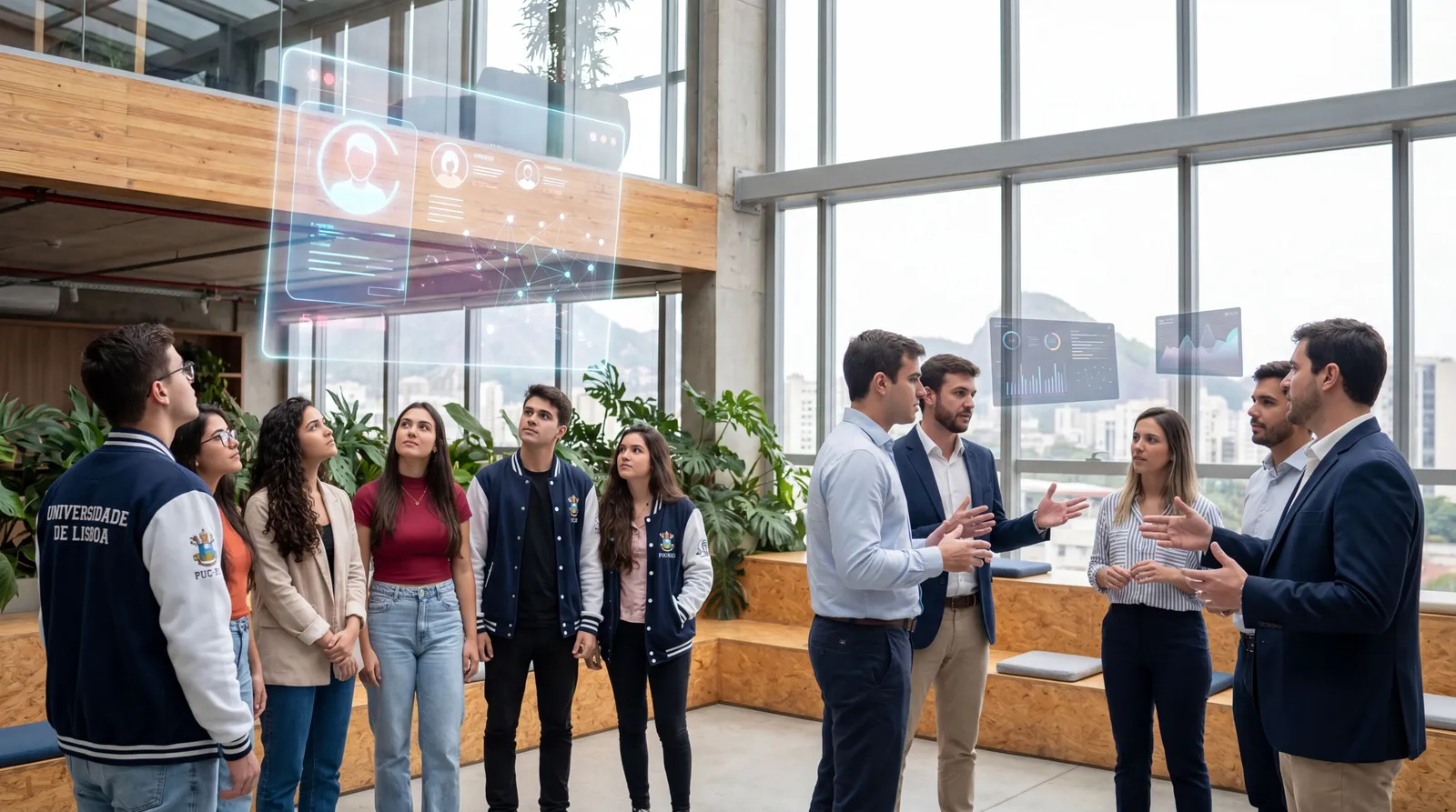 Estudantes e recrutadores analisando currículos digitais em ambiente moderno