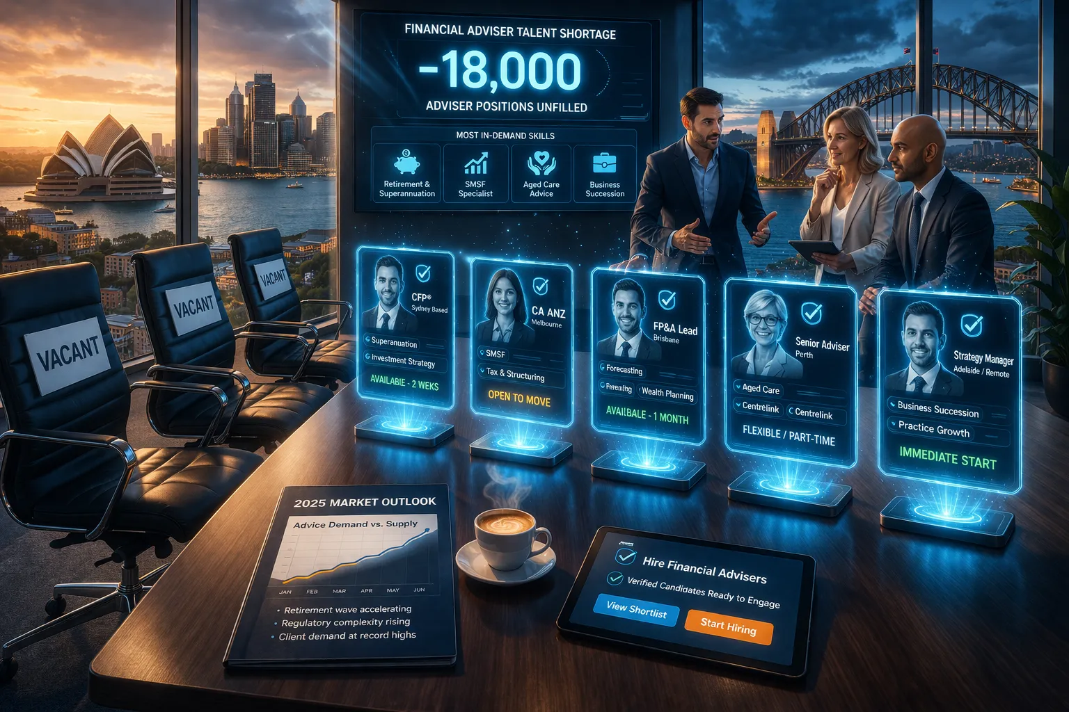 Illustration of a financial adviser talent shortage with digital candidate profiles replacing resumes