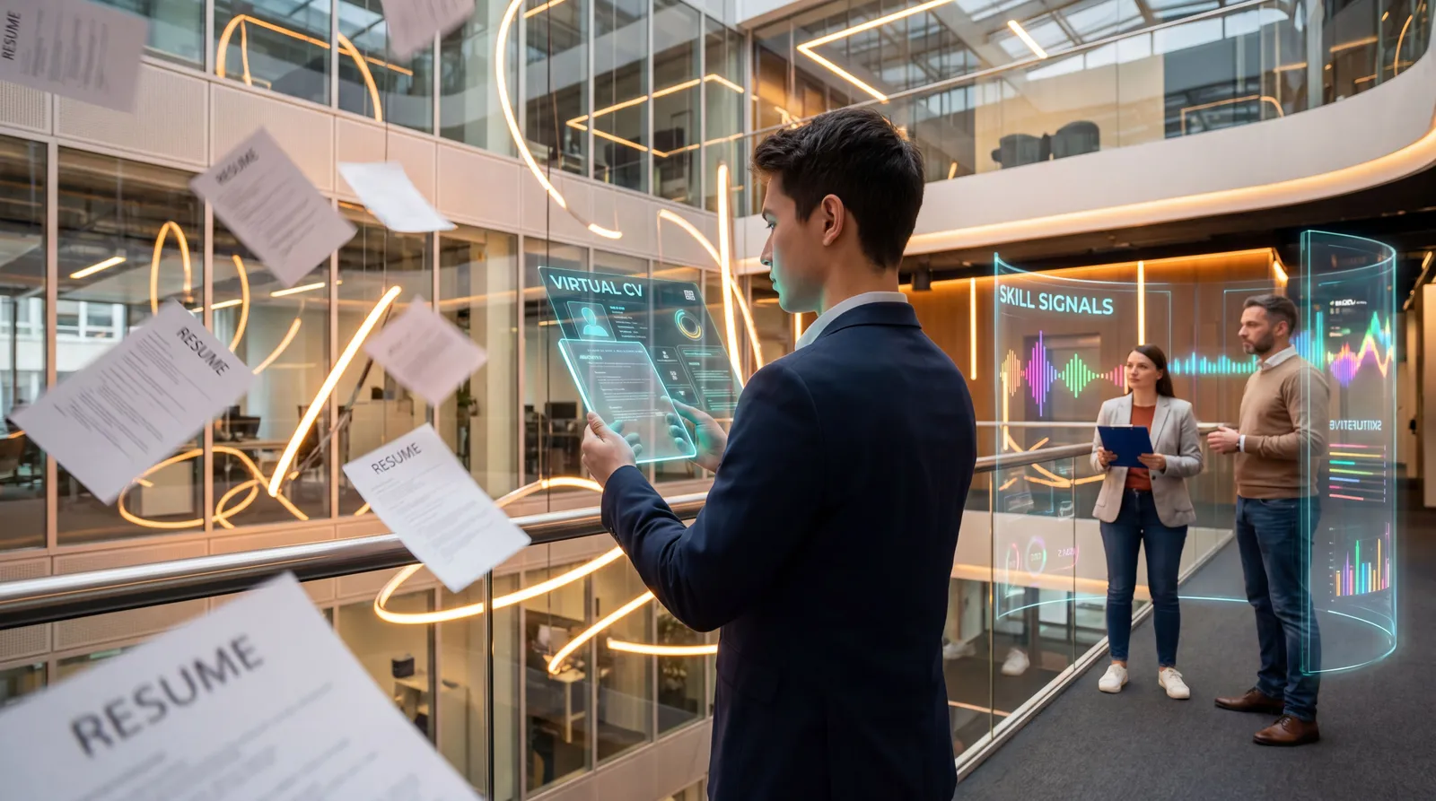 Job seeker using a virtual CV while paper resumes scatter in a futuristic hiring scene