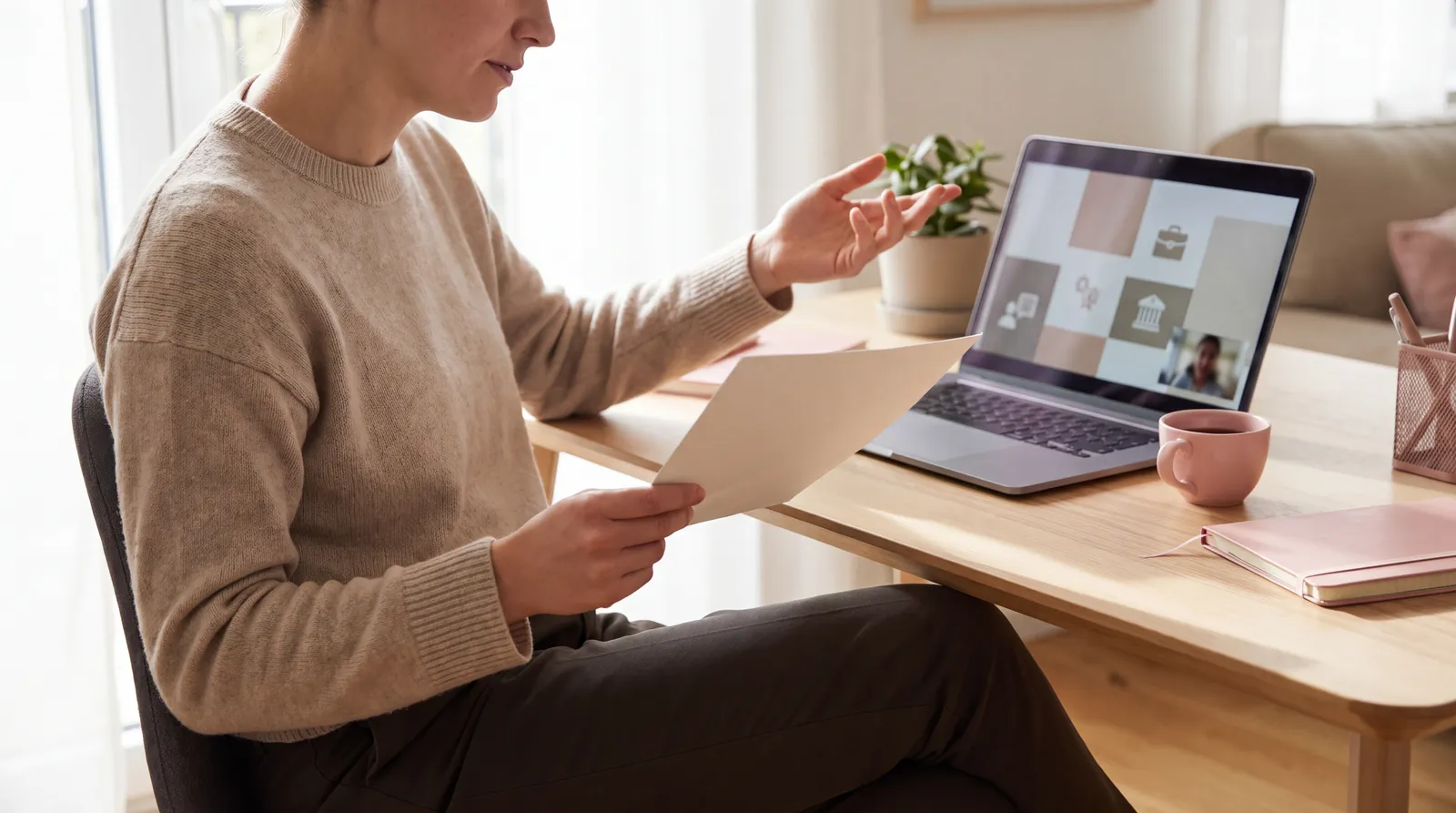 Job seeker comparing a printed resume with a structured digital profile on a laptop