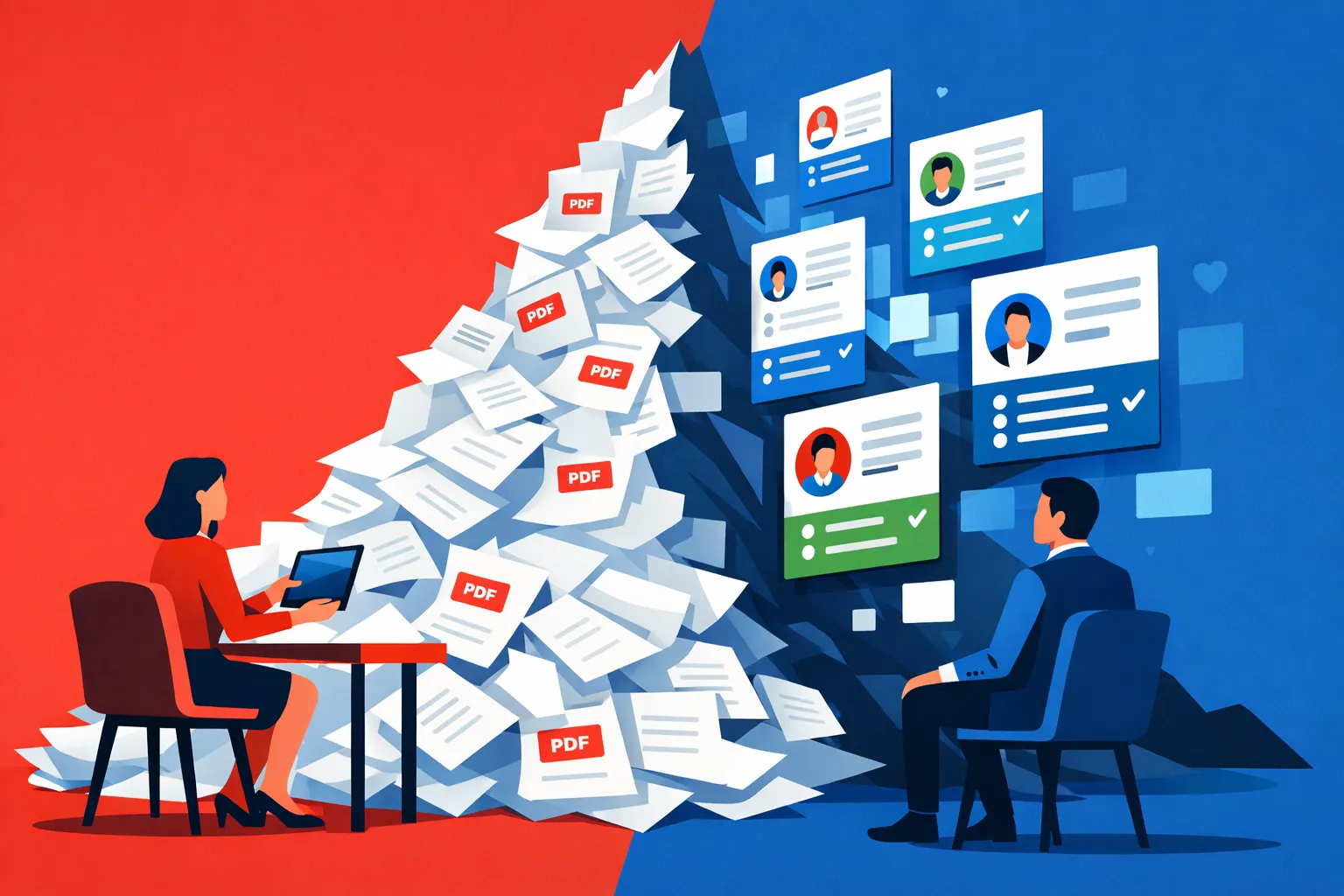 Ilustração de um currículo em PDF se desfazendo enquanto um painel digital organiza conquistas em cartões