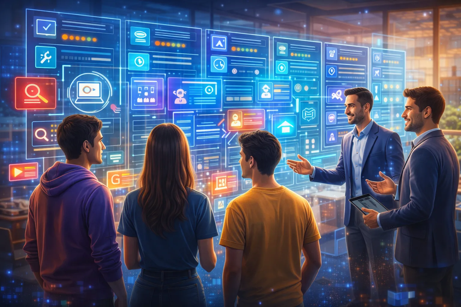 Personas revisando oportunidades laborales y aprendizajes en un panel digital
