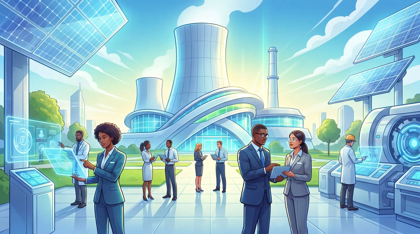 Ingénieurs et recruteurs devant une centrale nucléaire moderne
