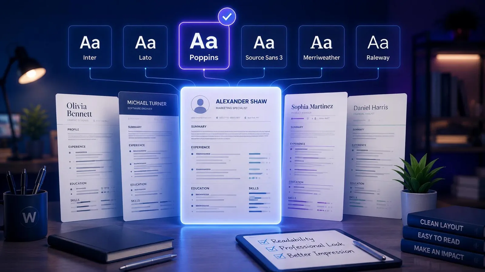 5 resumes showing over 6 different types of fonts for a resume to find out which is the Best Font for Resume to get hired faster