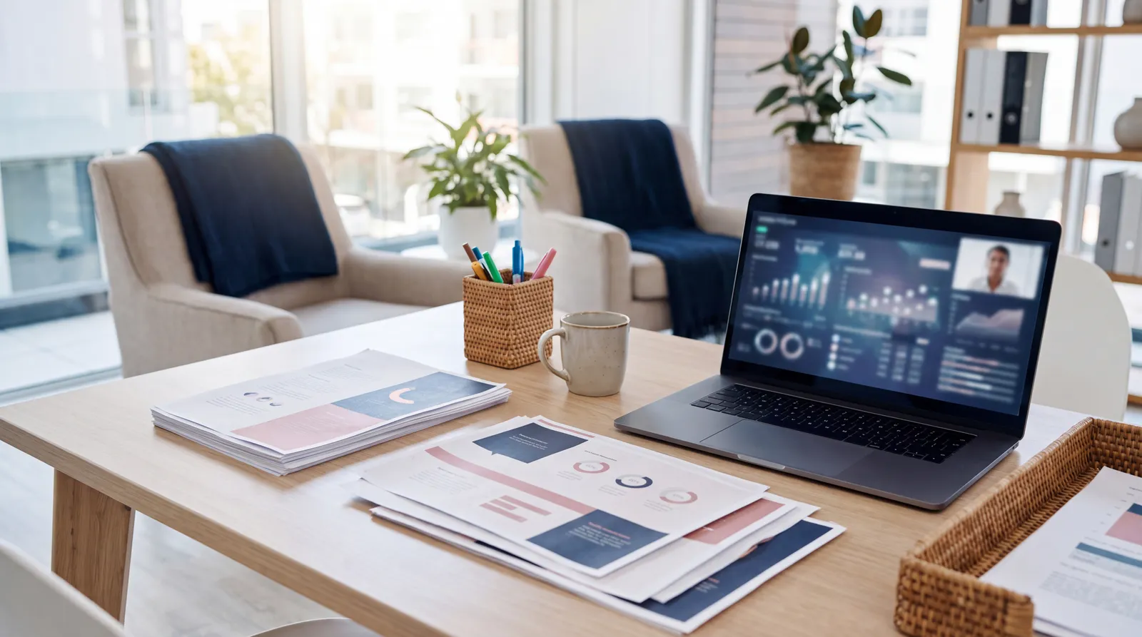 A digital candidate profile and printed resumes side by side on a modern desk