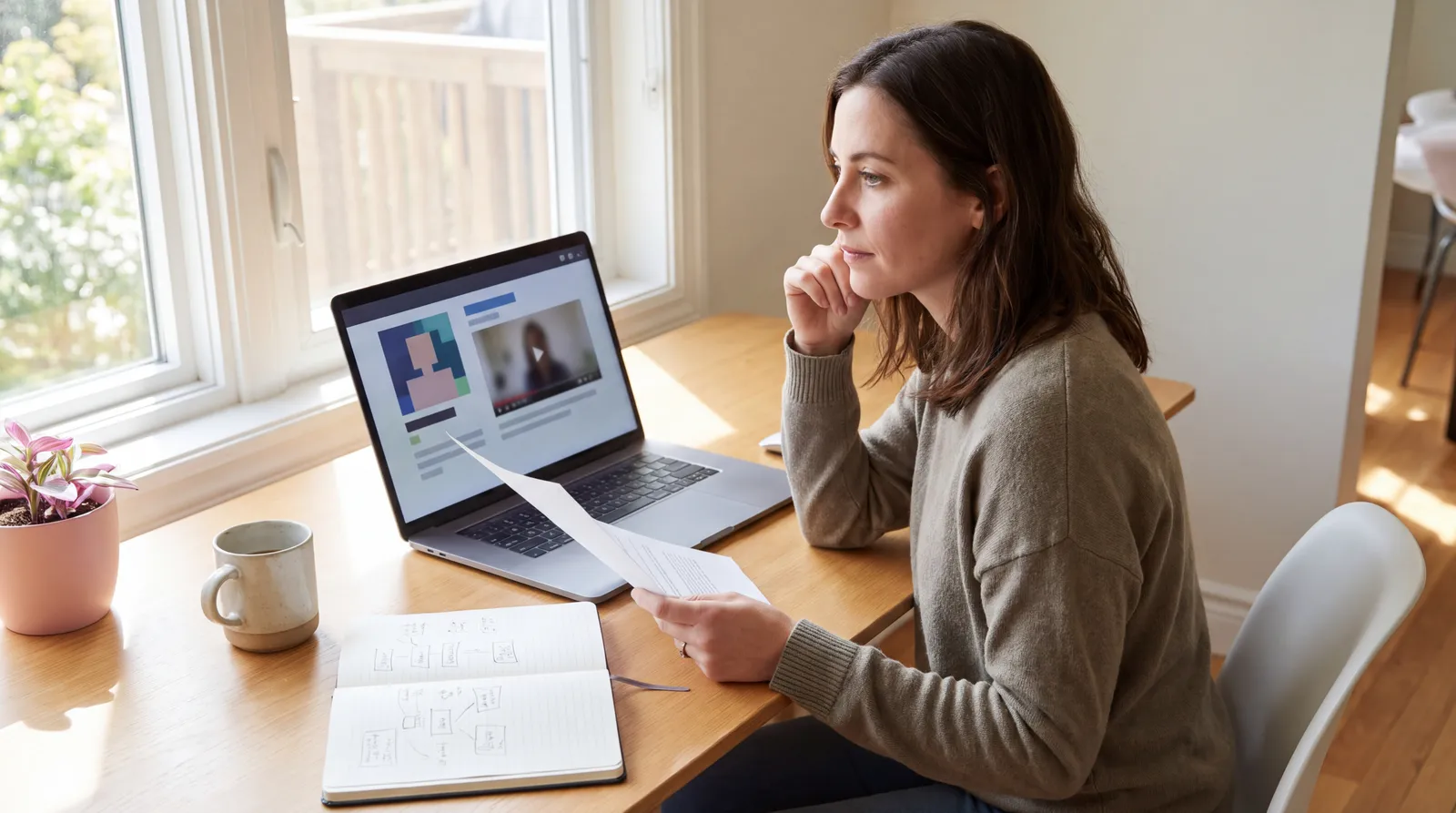 Job seeker comparing a printed resume with a digital professional profile on a laptop