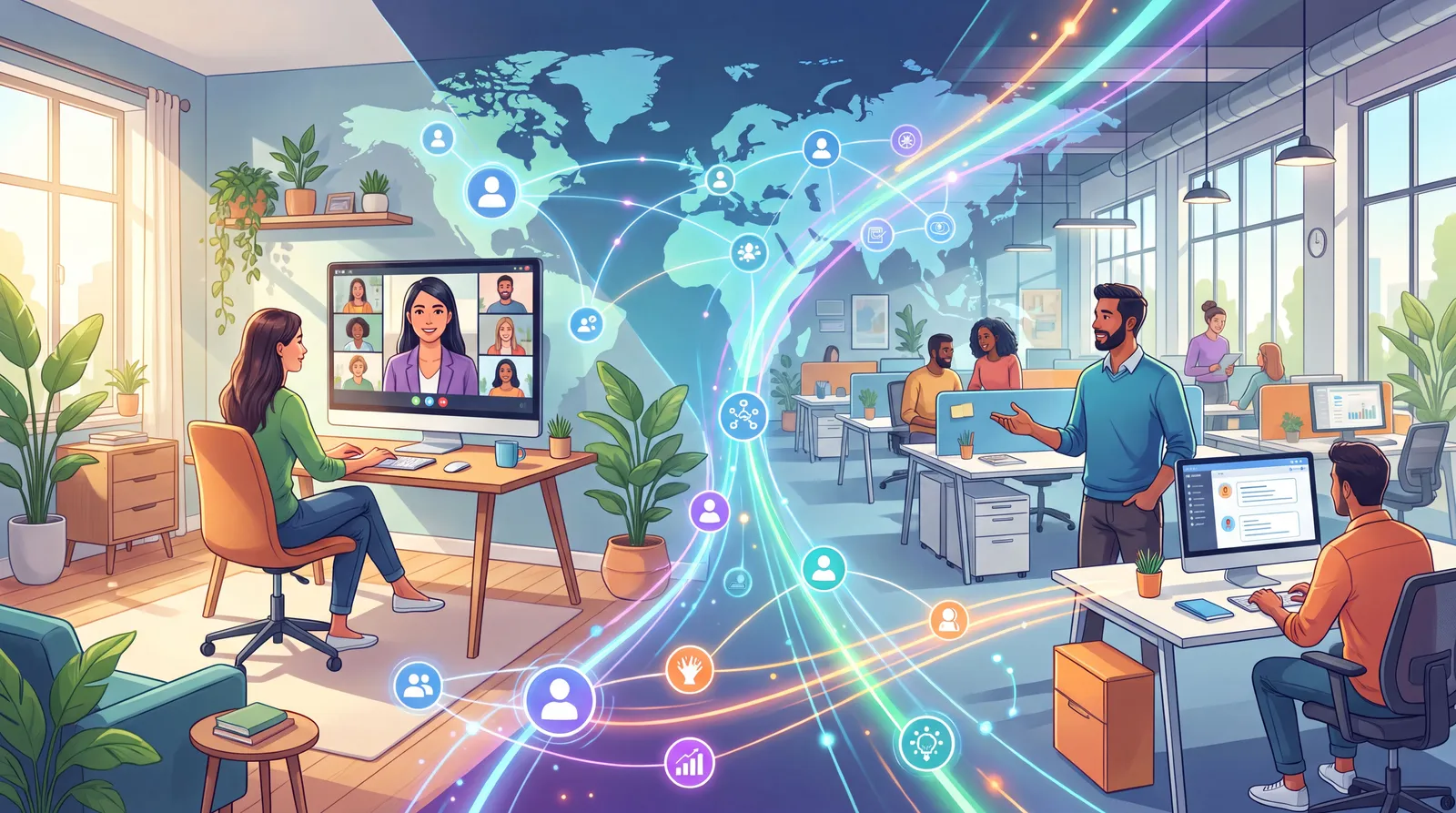 Profissionais em trabalho híbrido conectados por ferramentas digitais