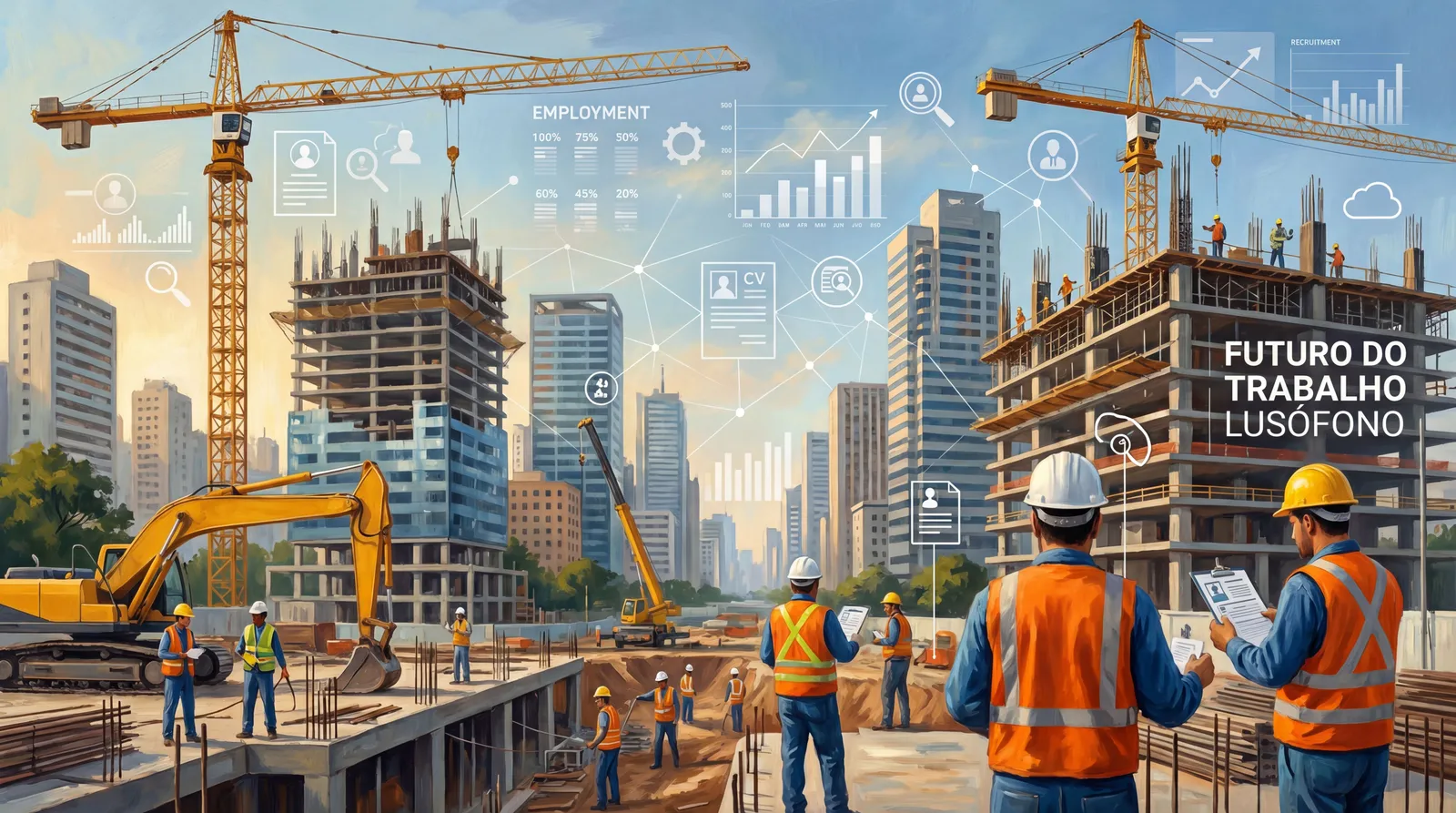 Canteiro de obras com trabalhadores e elementos visuais de dados sobre emprego e recrutamento