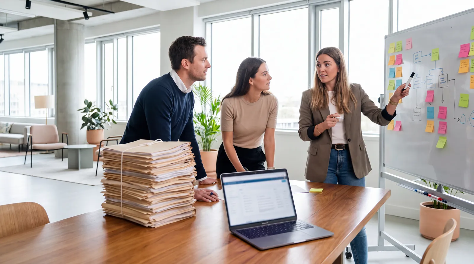 Hiring team reviewing a pipeline beside an oversized stack of application documents