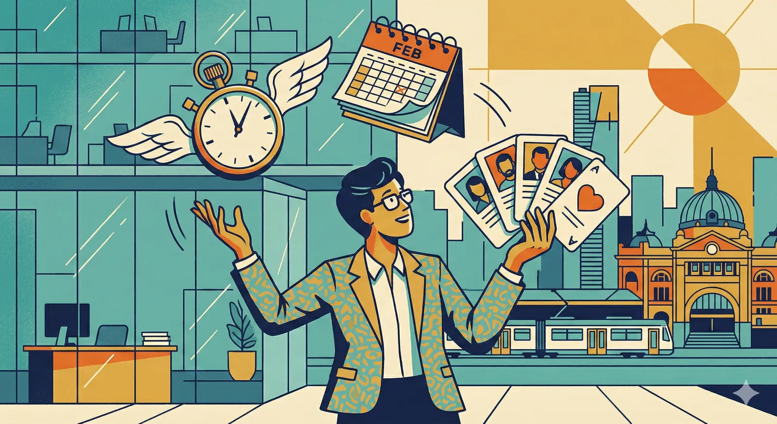 Illustration of a recruiter in Melbourne managing a fast-paced temp hiring workflow