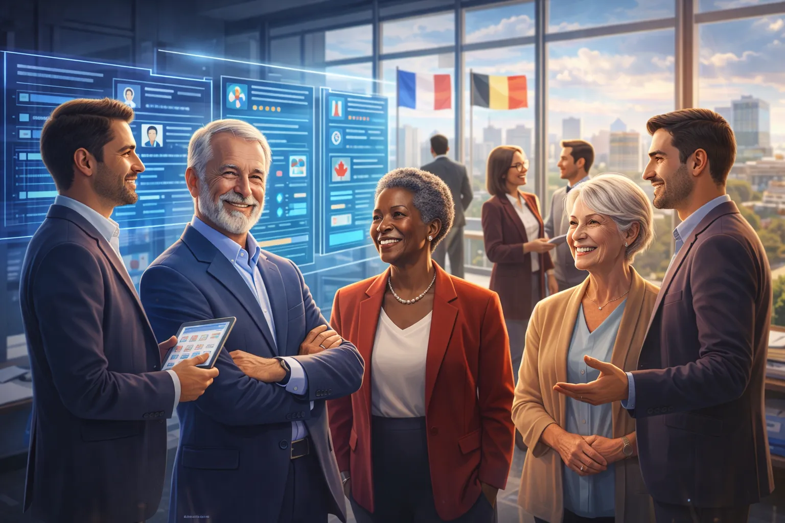 Professionnels seniors et recruteurs dans un environnement de travail moderne