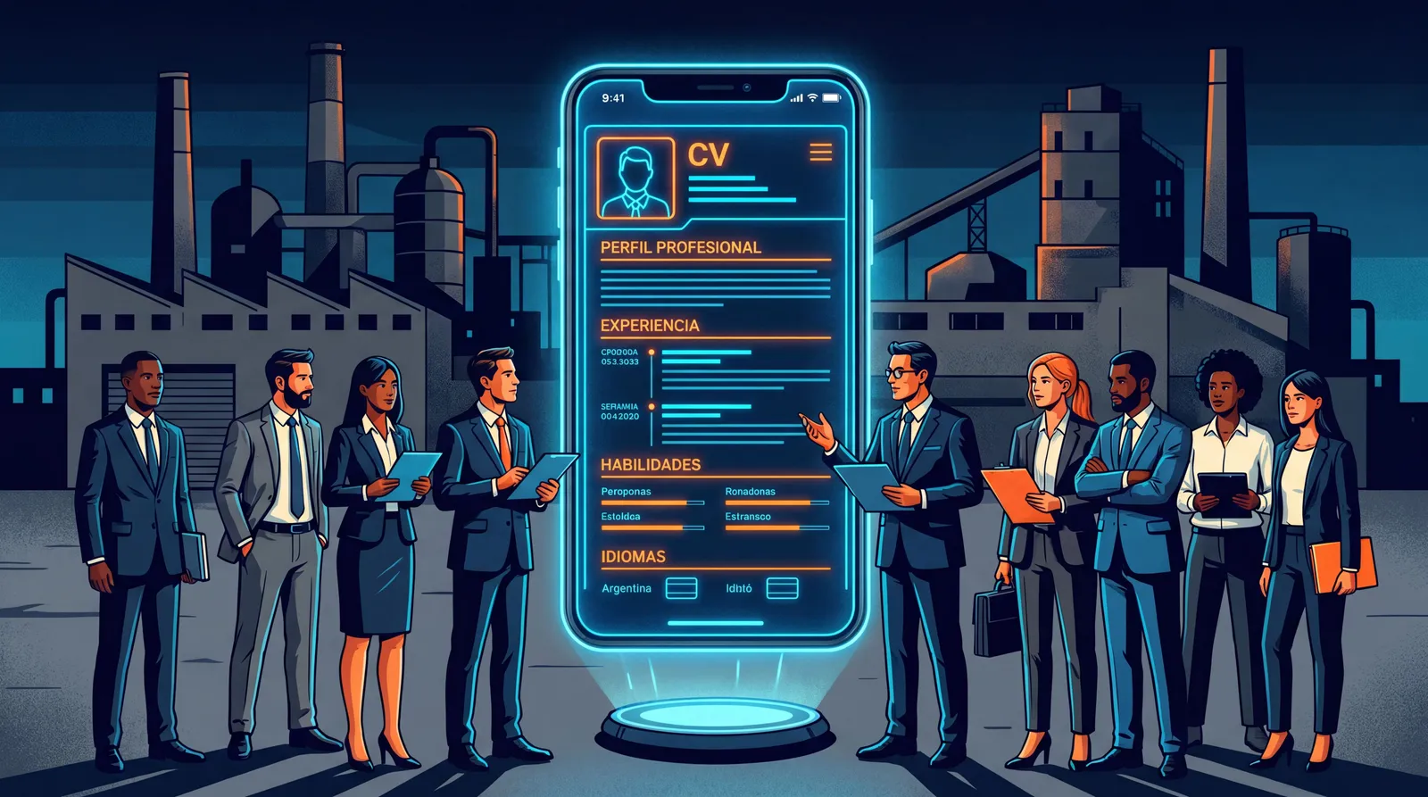 Fábrica en crisis y personas usando un CV virtual para buscar empleo