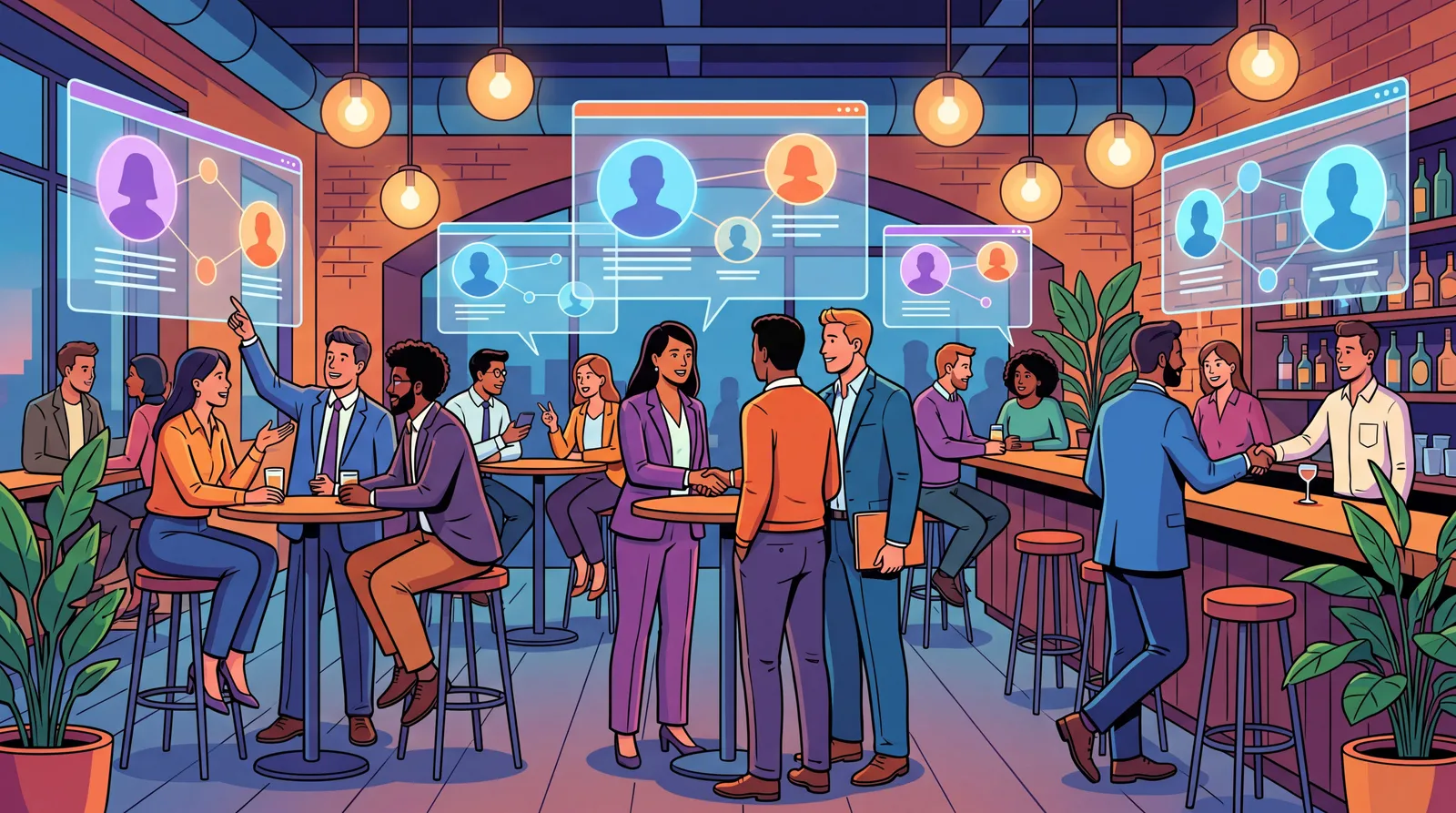 Bar e restaurante com candidatos e recrutadores usando currículos digitais