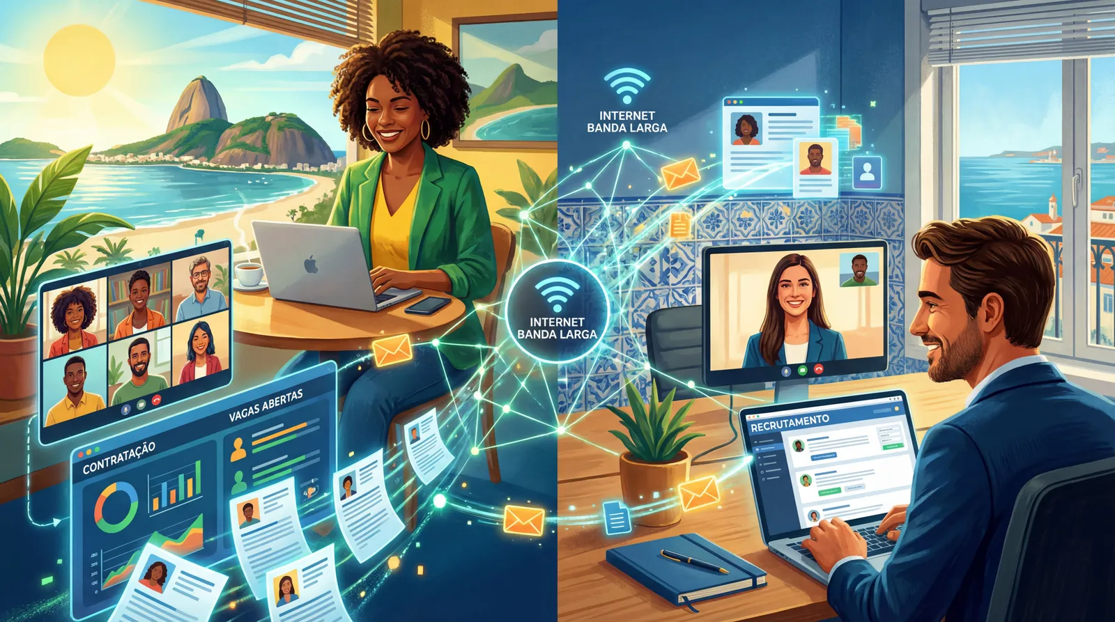 Profissionais no Brasil e em Portugal usando internet rápida para trabalhar e recrutar online