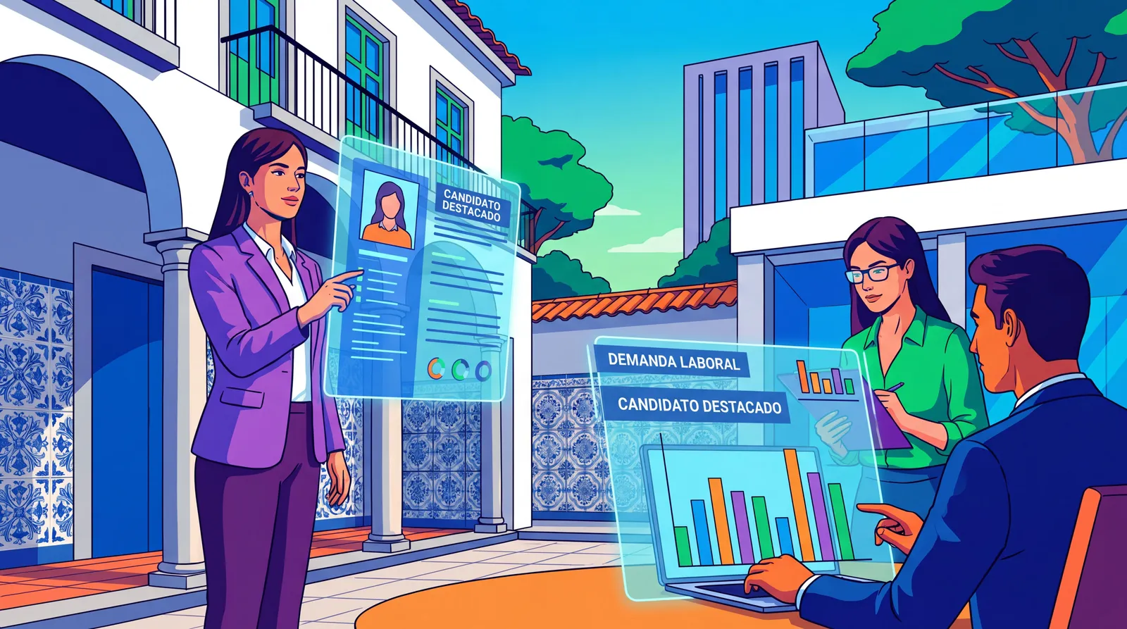 Persona con CV virtual frente a gráficos de sueldos y empleo