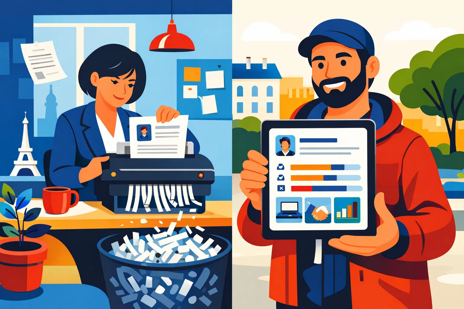 Recruteur et enquêteur terrain avec tablette, des CV papier déchiquetés