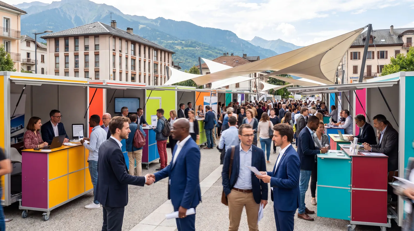 Forum emploi local avec candidats et recruteurs échangeant autour de stands